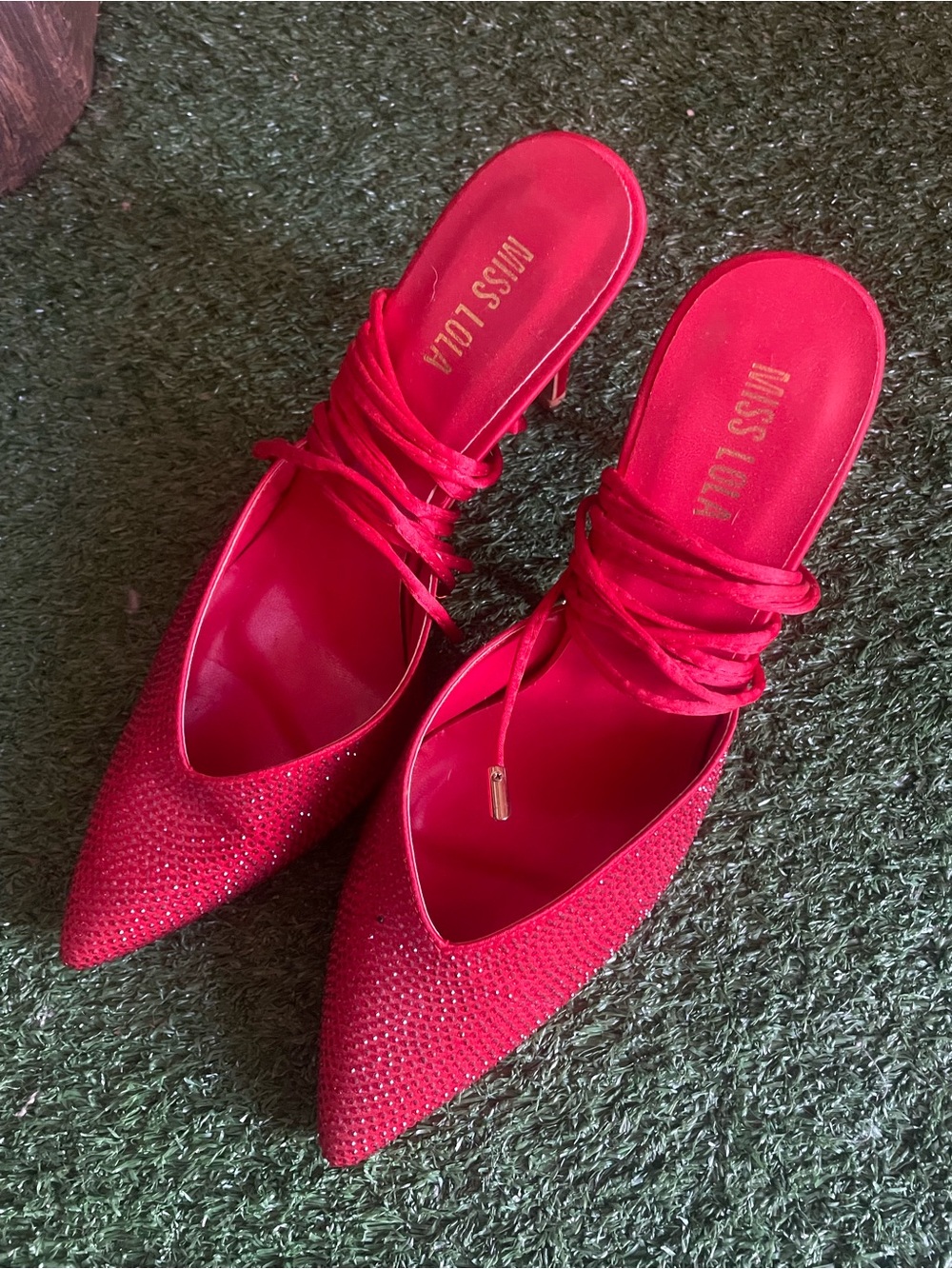 Miss Lola Red Pointed Toe Embellished Mule